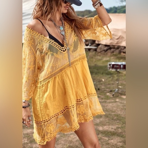 Tops - Bohemian Embroidered Floral Lace Sheer Mesh Top Swimsuit Coverup
